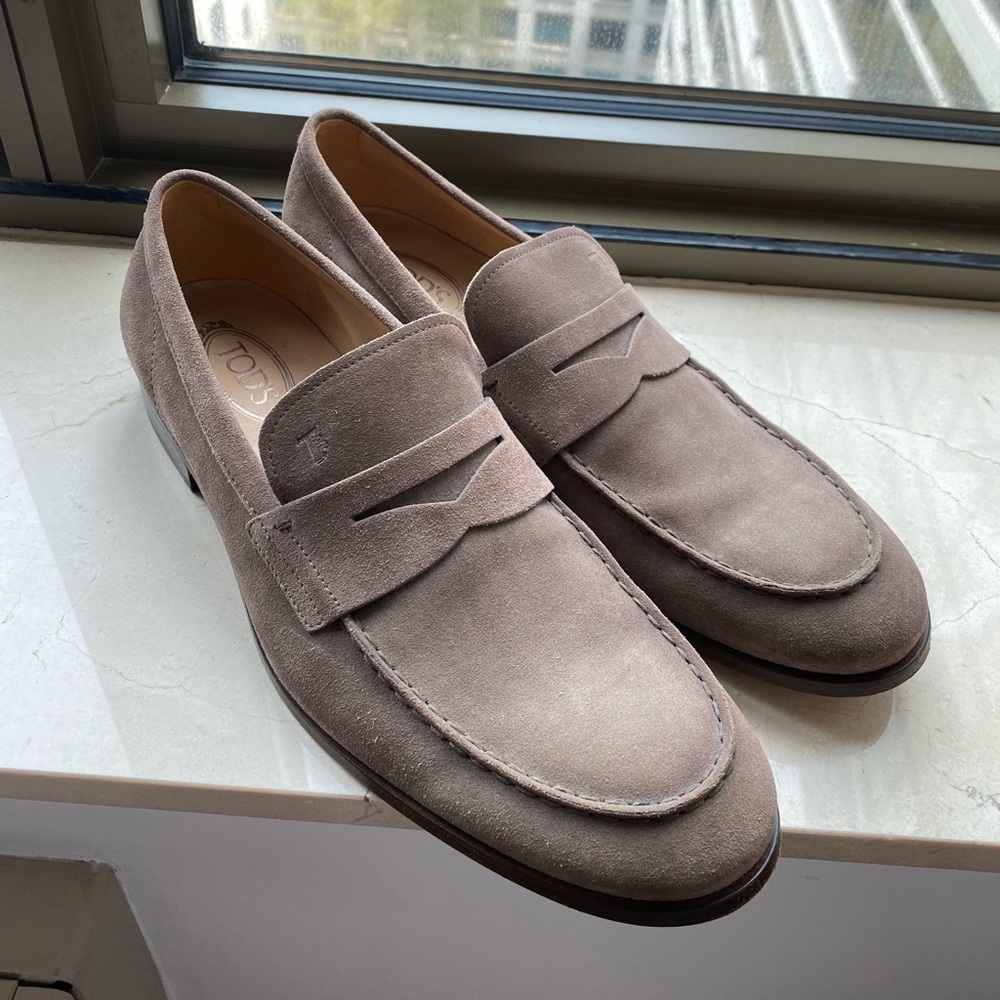 Mint Tod’s Suede Penny Loafers with Wood Sole
